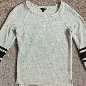 Light Gray Long Sleeve Ribbed Tee with Striped Sleeve Detail